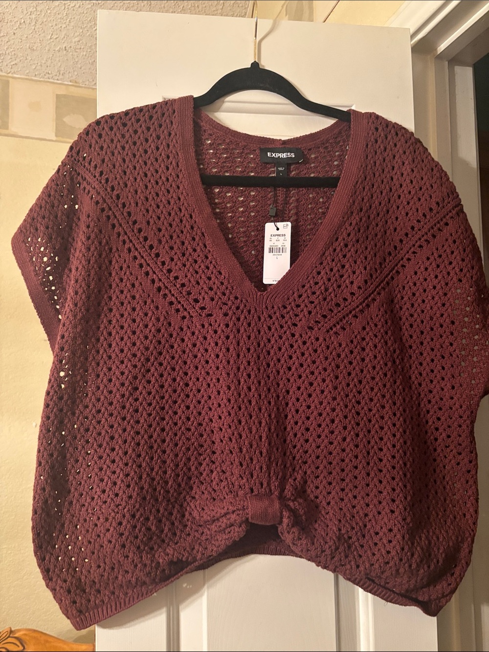 Express Women's Open-Knit V-Neck Sweater - Wine/Burgundy